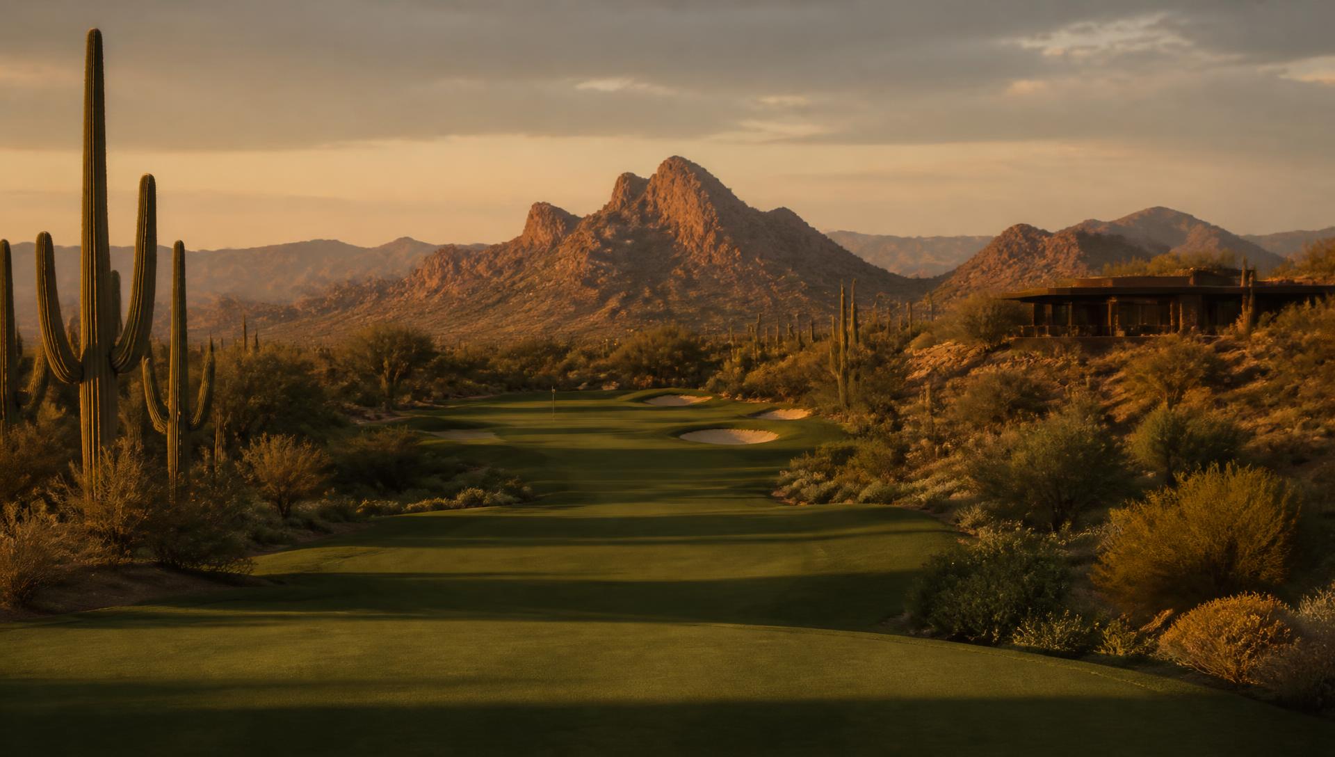 Desert golf fairway in Scottsdale at sunset