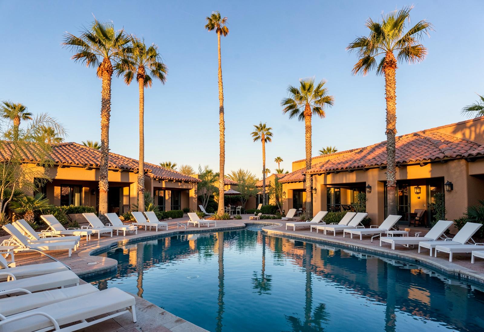 Resort pool lined with palms and casitas at The Wigwam